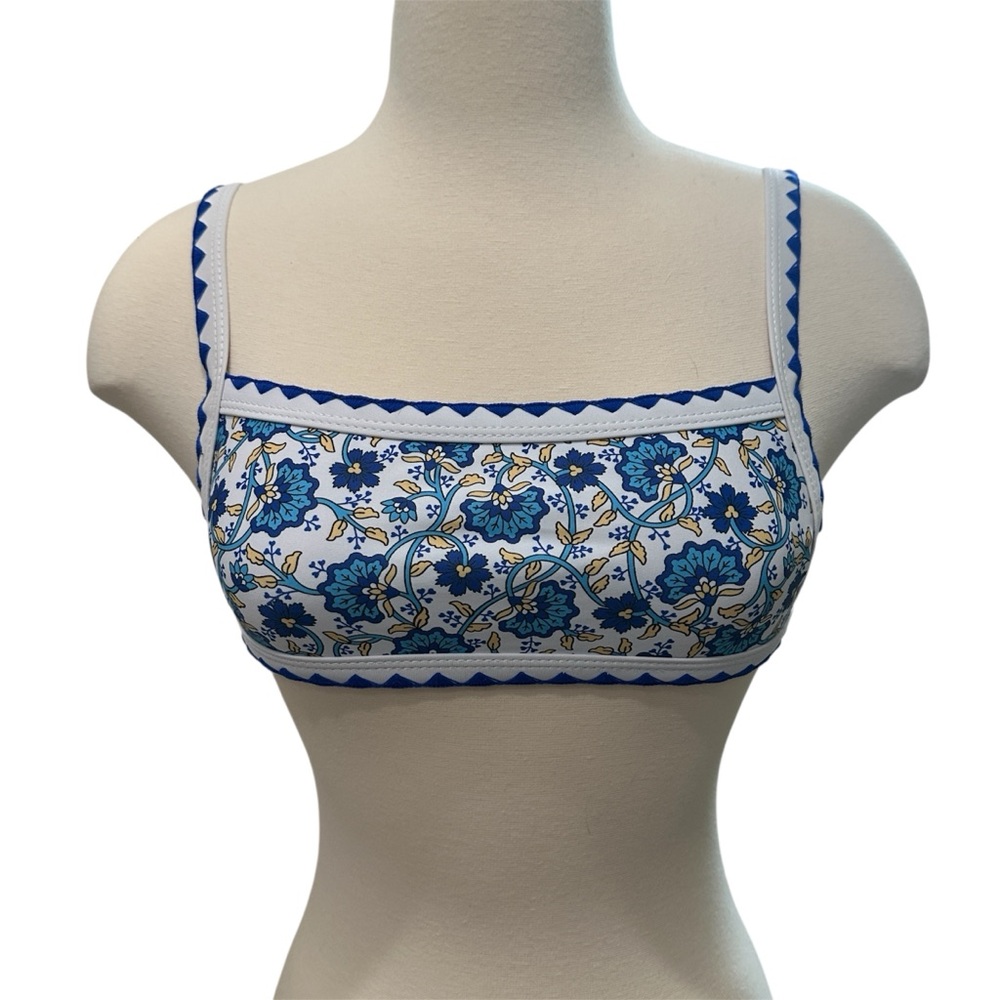 Embroidered Floral Bikini Top Size Small Blue and White